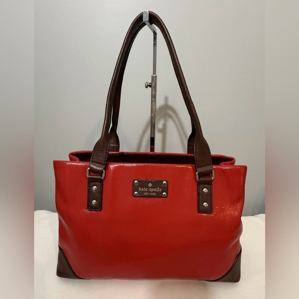 Kate Spade Patent Leather Cherry Red Tote Bag Brown Handles & Trim